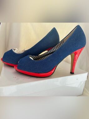 FFC New York Navy Pamela Blue Denim and Red Peep Toe Platform Heels US8